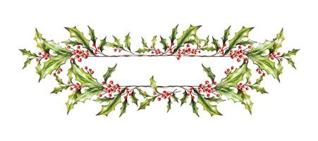 Watercolor Christmas white botanical frame, border with branches, leaves, red berries. New Year card template. Hand painted holiday composition of plants . Illustration for design, print, background. vector
