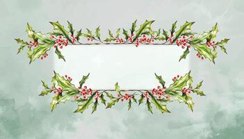 Watercolor Christmas botanical frame, border with branches, leaves, red berries. New Year card template. Hand painted holiday composition of plants . Illustration for design, space for text vector