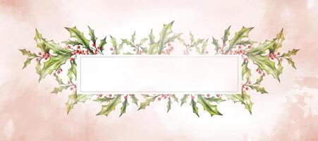 Watercolor Christmas horizontal botany frame, border, branches, leaves, red berries. New Year card template. Hand painted holiday composition of plants . Illustration for design, print, background. vector
