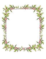 Watercolor Christmas white botanical frame, border with branches, leaves, red berries. New Year card template. Hand painted holiday composition of plants . Illustration for design, print, background. vector