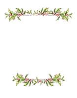 Watercolor Christmas botany frame, border with branches, leaves, red berries. New Year card template. Hand painted holiday composition of plants . Illustration for design, print, background. vector