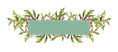 Watercolor Christmas botanical frame, border with branches, leaves, red berries. New Year card template. Hand painted holiday composition of plants . Illustration for design, print, background. vector