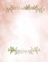 Watercolor Christmas pink botanical frame, border with branches, leaves, red berries. New Year card template. Hand painted holiday composition of plants . Illustration for design, print, background. vector