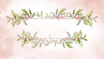 Watercolor Christmas text botanical frame, border with branches, leaves, red berries. New Year card template. Hand painted holiday composition of plants . Illustration for design, print, background. vector