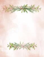 Watercolor Christmas peach pink botanical frame, border with branches, leaves, red berries. New Year card template. Hand painted composition of plants . Illustration for design, print, background. vector
