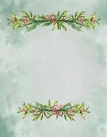 Watercolor Christmas card botanical frame, border with branches, leaves, red berries. New Year card template. Hand painted holiday composition of plants . Illustration for design, print, background. vector