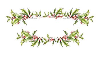 Watercolor Christmas isolated botany frame, border with branches, leaves, red berries. New Year card template. Hand painted holiday composition of plants . Illustration for design, print, background. vector