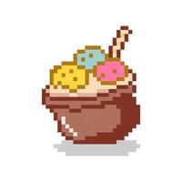 Pixelated ice cream in a cup with stick waffle. vector