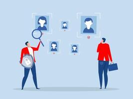 KYC or know your customer , Businessman with a shield looking at the partners-to-be through a magnifying glass. illustrator vector