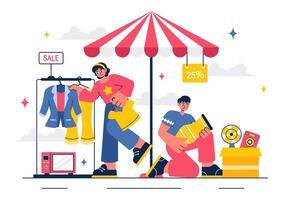 Weekend Flea Market Scene with Buyers and Sellers in a Flat Style Cartoon Background vector