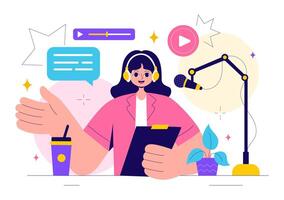 Studio Podcast Recording Illustration Featuring Hosts in a Flat Style Background vector