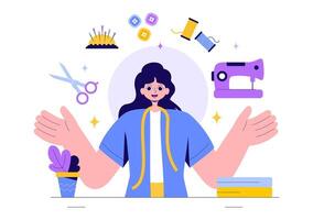 Dressmaker Illustration Featuring a Seamstress Creating Dresses and Sewing Patterns in Flat Style vector