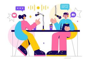 Podcaster Illustration Featuring a Host Recording a Podcast with a Microphone in a Flat Style Background vector