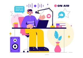 Podcast Studio Setup Illustration Showing Equipment and Hosts Recording an Audio Show vector