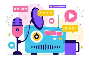 Audio Podcast Illustration Featuring Hosts Talking and Sharing Stories in a Studio Setup vector