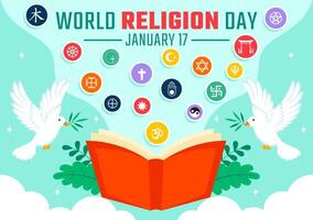 Illustration for World Religion Day on January 17th Featuring Religious Symbols for Unity vector