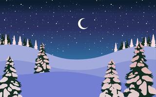 Winter landscape with snow covered trees and moon vector