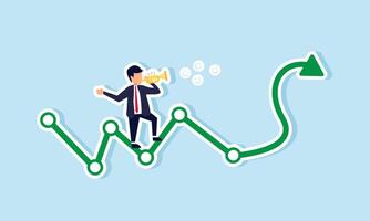 A businessman stands on an increasing green graph playing a trumpet that emits a sound labeled with a happy emoticon, illustration of enjoying increased market business engagement vector