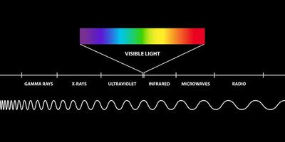 Electromagnetic radiation spectrum, Visible light region, low, high, radio waves, microwaves, gamma rays, x rays, ultraviolet, infrared vector