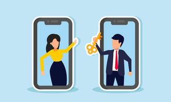 A businessman intends to give a key to a businesswoman, each inside a smartphone, illustration of sharing to find solutions for overcoming business problems vector