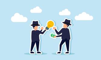 Two businessmen dressed as mafias hold a lamp and money, intending to exchange, illustration of dark business conducting illegal transactions of ideas and innovations vector
