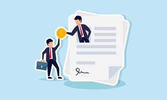 A businessman emerging from a contract paper receives a dollar coin from another businessman, illustration of providing a deposit for the agreed project vector