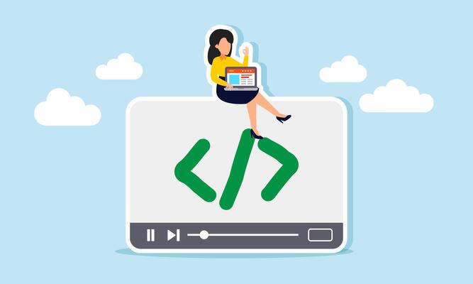 A businesswoman holding a laptop sits on a media player labeled with a programming sign, illustration of creating programming for promotional media to grow a business