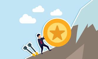 Businessman pushing an award medal up a mountain with two arrows threatening from behind, illustration of securing and improving business performance despite many business threats vector