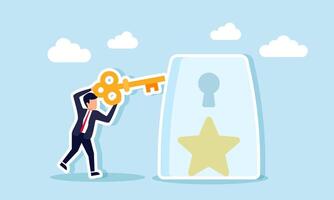 A businessman holding a key intends to insert it into a keyhole on a glass containing a star, illustration of solutions for securing business performance quality vector