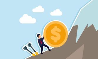 Businessman pushing a dollar coin up a mountain with two arrows threatening from behind, illustration of securing company's financial assets despite many business threats vector