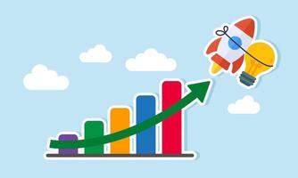 A lamp tied to a rocket soaring to the sky past a rising chart, illustration of improving business performance through new ideas and innovations vector