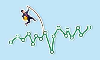 A businessman carries a dollar coin trying to jump over a green graph with a long wooden stick, illustration of efforts to improve business financial performance vector