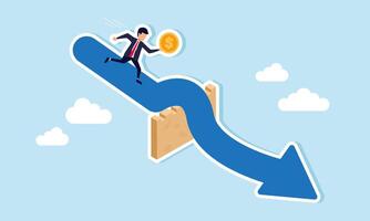 A businessman runs with a dollar coin, following an arrow through a wall, illustration of guidance in facing business problems with financial resources vector