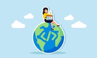 A businesswoman holding a laptop sits on a globe labeled with a programming sign, illustration of creating programming systems for global or international business scale vector