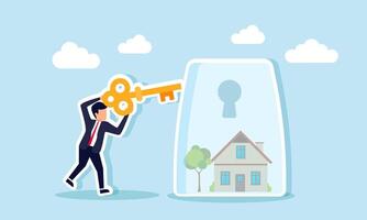 A businessman holding a key intends to insert it into a keyhole on a glass containing a house, illustration of solutions for securing business property assets vector