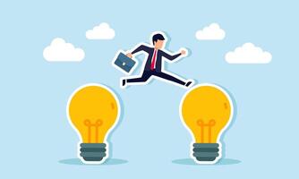 A businessman jumps from one lamp to another, illustration of efforts to gain more relevant business ideas and innovations aligned with business trends vector