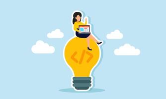A businesswoman holding a laptop sits on a lamp labeled with a programming sign, illustration of creating programming systems for ideas and innovations relevant to business trends vector