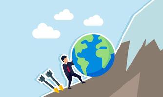 Businessman push a globe up a mountain with two arrows threatening from behind, illustration of securing and improve international business performance despite many business threats vector