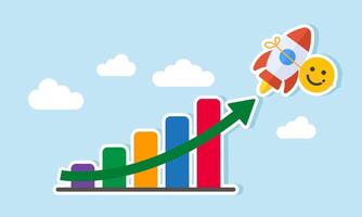 A happy emoticon tied to a rocket soaring to the sky past a rising chart, illustration of increasing engagement and attention from the market vector