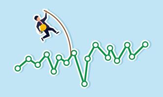 A businessman carries a lamp trying to jump over a green graph with a long wooden stick, illustration of utilizing ideas and innovations to improve business performance vector