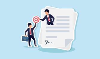 A businessman emerging from a contract paper receives a target board from another businessman, illustration of assigning business targets to a new employee vector