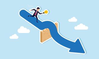 A businessman runs with a lamp, following an arrow through a wall, illustration of guidance in facing business problems based on ideas and innovations vector