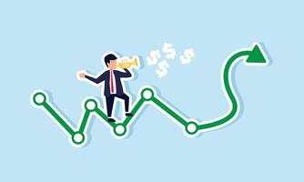 A businessman stands on an increasing green graph playing a trumpet that emits a sound labeled with a money symbol, illustration of enjoying improved business financial performance vector
