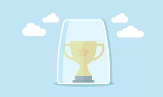 A trophy inside a glass, illustration of securing achievements and awards as a leading company vector