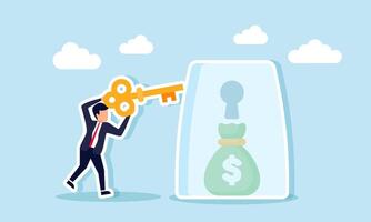 A businessman holding a key intends to insert it into a keyhole on a glass containing a sack of money, illustration of solutions for securing financial business assets vector