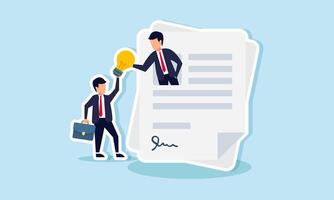 A businessman emerging from a contract paper receives a lamp from another businessman, illustration of providing ideas and innovations to a new employee vector