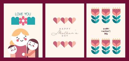 Happy Mother's Day greeting card designs in flat geometric style collection, a mother with her child, flowers, and abstract geometric shapes vector