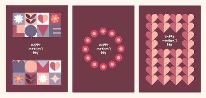 A set of Happy Mother's Day greeting card designs in flat geometric style, a mother with her child, flowers, and abstract geometric shapes vector