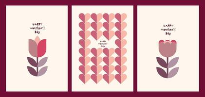 set of Happy Mother's Day greeting card designs in flat geometric style, a mother with her child, flowers, and abstract geometric shapes vector