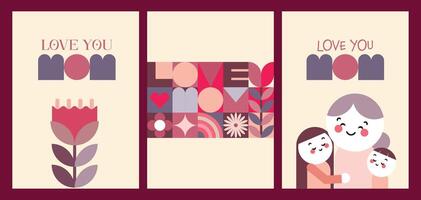 Happy Mother's Day greeting card designs in flat geometric style, a mother with her child, flowers, and abstract geometric shapes vector